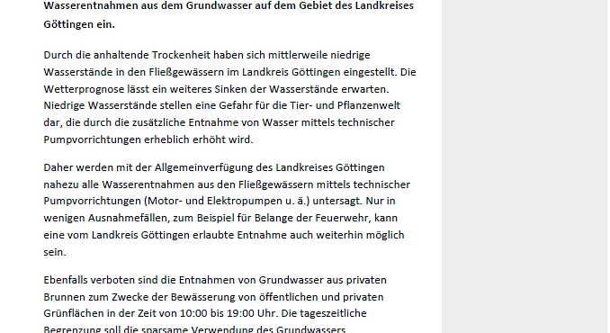 Allgemeinverfügung des Landkreises Göttingen über das Wasserentnahmeverbot gültig von 31.07. bis 30.09.2026