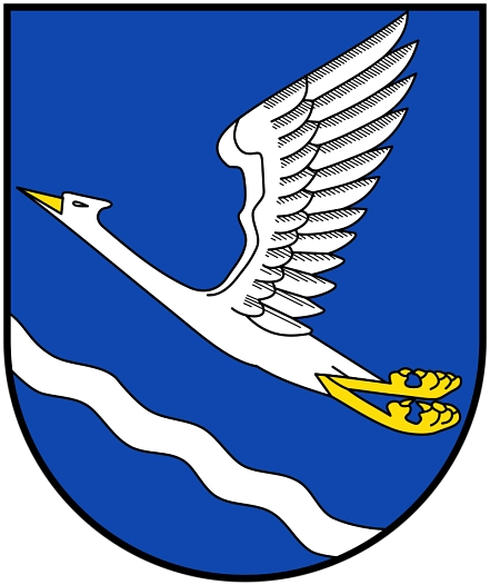 Wappen Gemeinde Krebeck „In Blau ein aufsteigender, gold- (gelb)- bewehrter silberner (weißer) Kranich über erniedrigtem, schrägen, silbernem (weißem) Wellenbalken (Wellenband).“
Das von Fritz Reimann aus Fuhrbach entworfene Wappen wurde vom niedersächsischen Ministerium des © Wikipedia